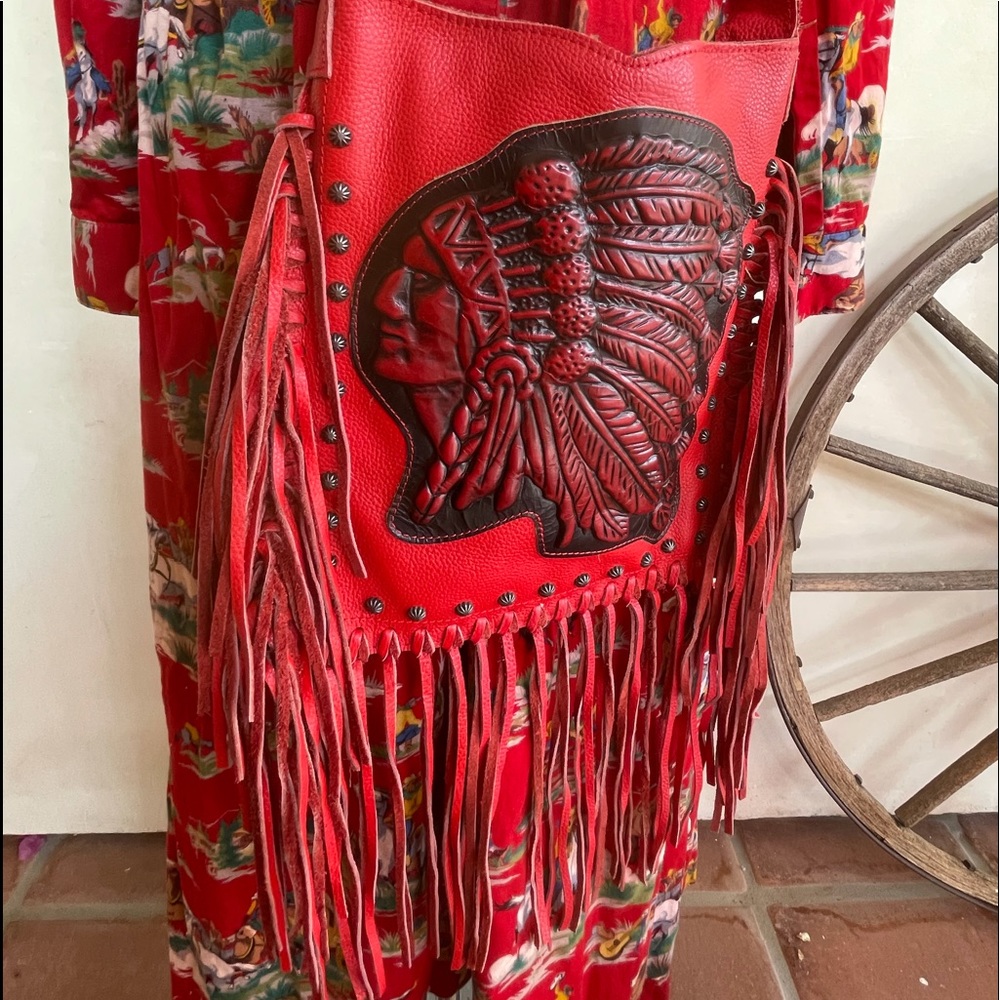 RAVIANI USA Western Red Tooled Leather American Indian Fringed Studded Bag NEW!! - Picture 11 of 14